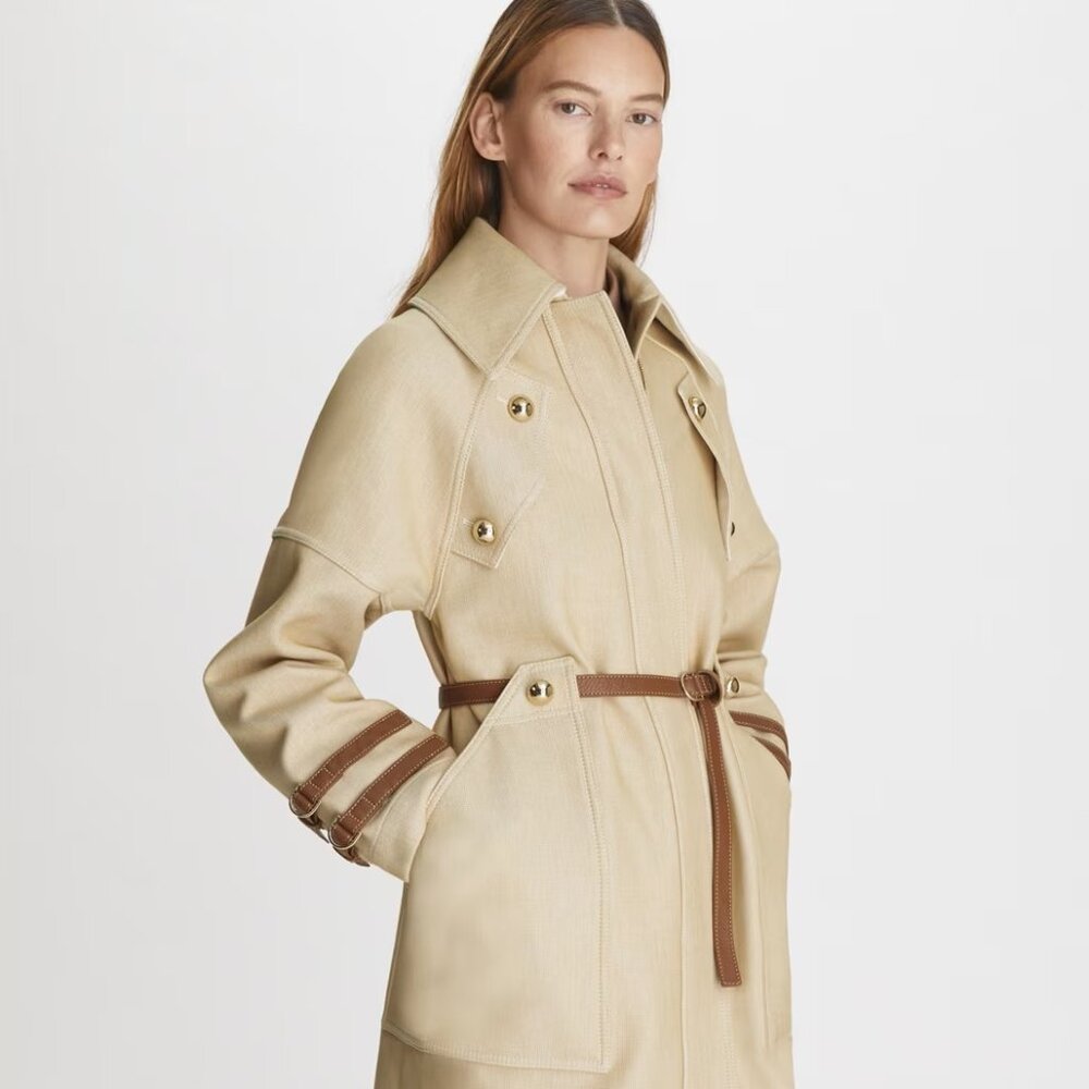NWT Tory Burch Oversized Trench Coat in Structured Cotton with Leather Trim